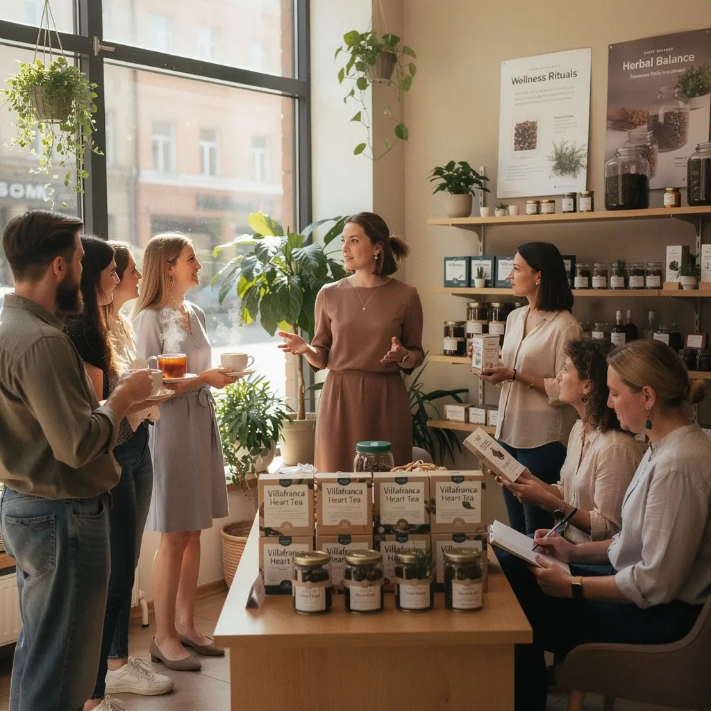 Žolelių ingredientai, naudojami Villafranca širdies arbatoje, išdėstyti ant stalo.