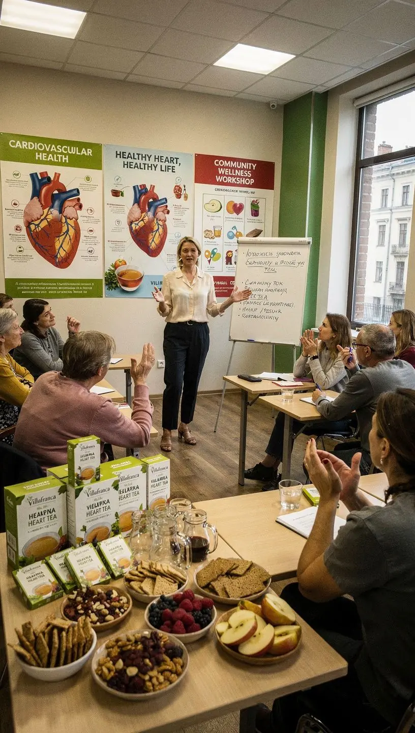 Villafranca širdies arbatos pakuotė su itališku dizainu, rodoma ant stalo.