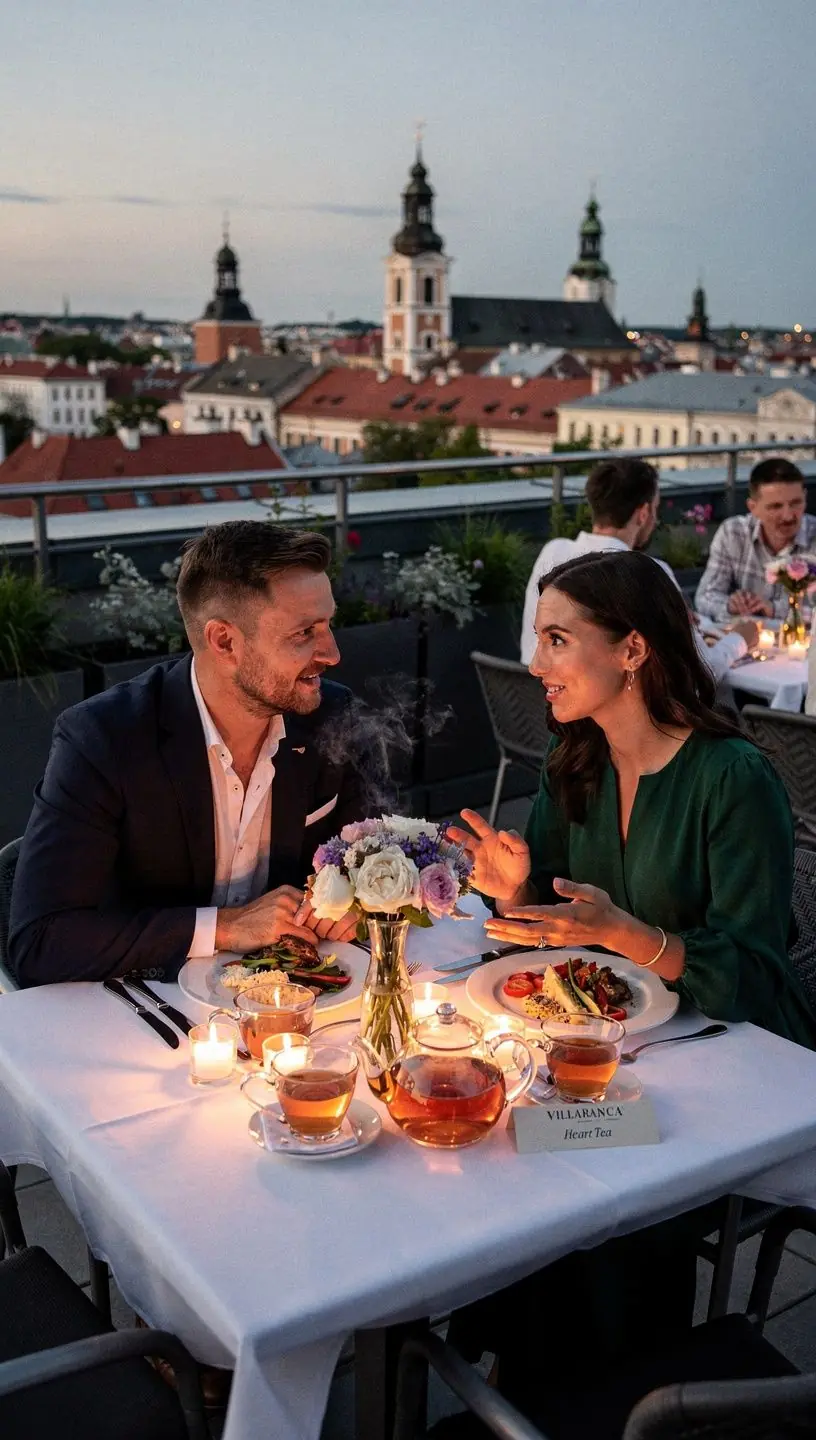 Arbatos puodelis su garuojančia Villafranca širdies arbata šalia sveiko užkandžio.